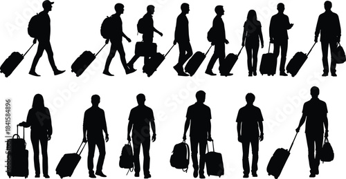 Collection of traveler silhouettes walking with luggage, backpacks, and bags on white background representing tourism, airport travel, commuting, journey, lifestyle, and movement