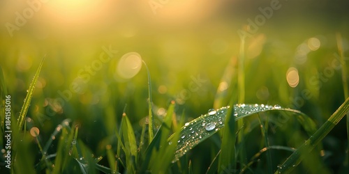 Fototapeta Naklejka Na Ścianę i Meble -  Morning dew on grass during summer sunrise, freshness and natural beauty
