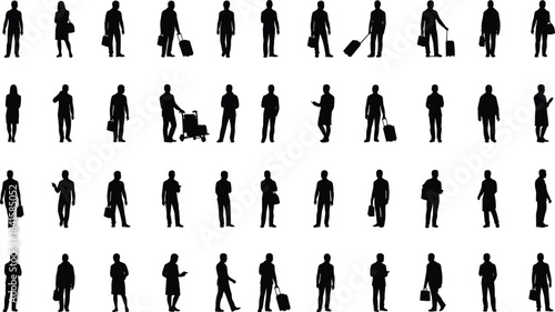 Collection of traveling and commuting people silhouettes with bags and luggage on white background representing tourism, business travel, movement, lifestyle, and modern design