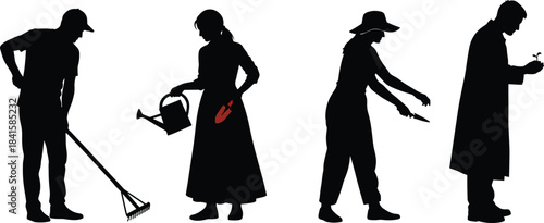 Collection of gardener and farmer silhouettes working with tools, watering plants, planting seedlings, and performing outdoor agricultural tasks on white background
