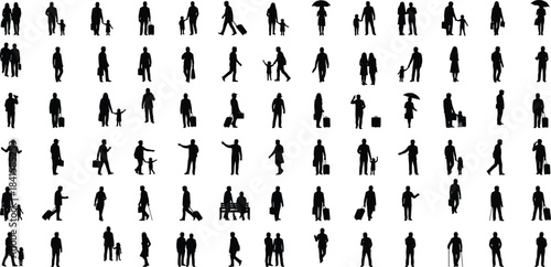 Collection of traveling people and family silhouettes with luggage on white background representing tourism, walking, lifestyle, parenting, movement, daily life, and modern design
