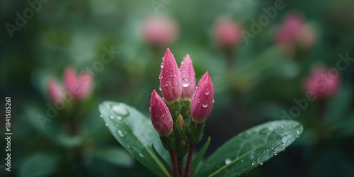 Detailed view of rain-drenched pink flame bush flower buds in a forest setting, highlighting moisture and growth, Earth Day