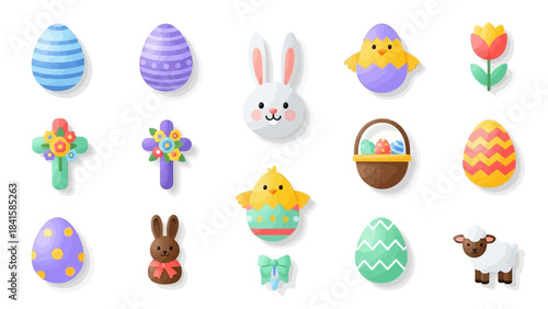 Vibrant Easter collection featuring eggs, bunnies, chicks, and crosses.