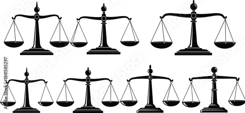Collection of various black silhouette icons of the classic scales of justice, representing law, balance, equity, and weight measurement concepts in vector.