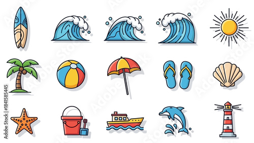 Vibrant Summer Beach and Ocean Icons Collection.