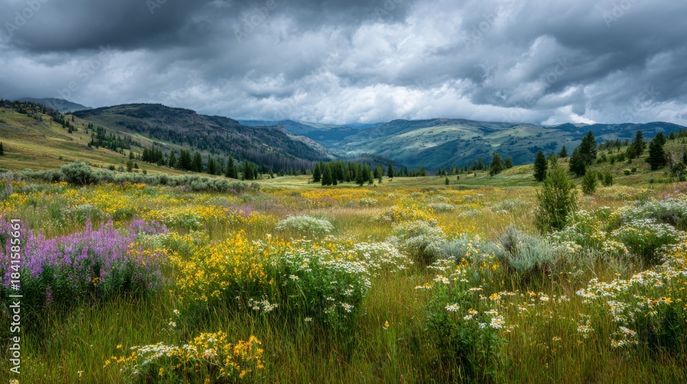 Obraz premium Vibrant Meadow in Mountains Under Dramatic Cloudy Sky with Lush Greenery and Colorful Wildflowers, Capturing the Beauty of Nature's Scenic Landscape