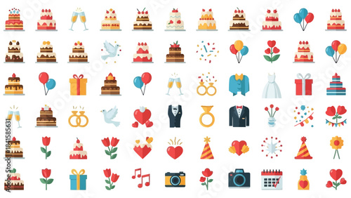 Wedding and celebration flat icons collection, a comprehensive set of festive symbols for special occasions.