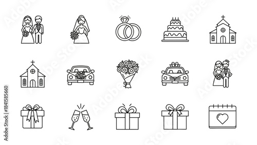 Wedding and Marriage Celebration Icons Set.