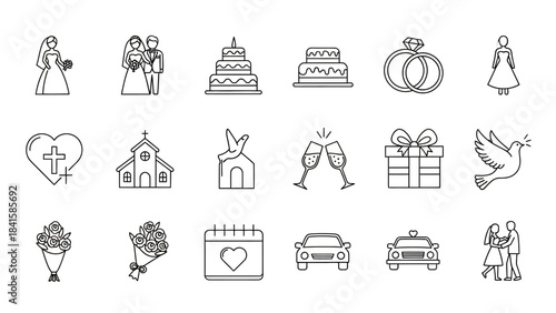 Wedding and Marriage Line Art Icons Set for Celebration and Love.
