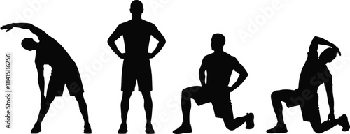 Black Silhouette Set of Men Performing Various Exercise and Stretching Poses, Illustrating Fitness, Workout, Warm-up, Healthy Lifestyle, and Athletic Training Vector Graphic