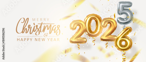2026 New year, Christmas. Outgoing 2025. Realistic 3d style. Change of year. Golden balloons with numbers and confetti. vector design