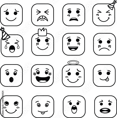 Collection of black and white square cartoon faces expressing various emotions and moods