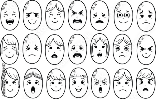 Collection of hand drawn faces displaying a wide range of human emotions and expressions