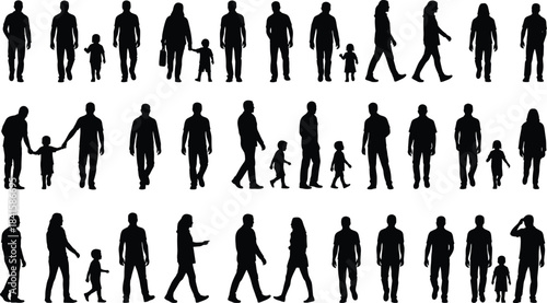 Silhouettes of adults and children walking in various poses on white background representing family life, parenting, movement, everyday activity, and modern design