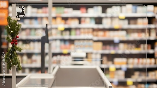 Wallpaper Mural Empty Grocery Shopping Cart with Festive Decoration in Front of Blurred Supermarket Shelves Torontodigital.ca