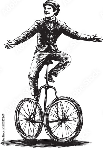 Juggler man on retro old unicycle sketch vector