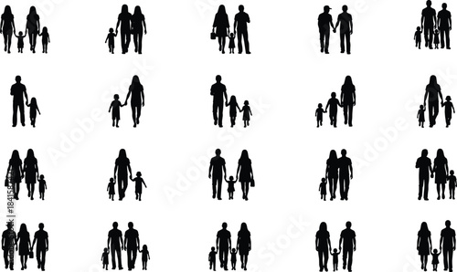 Silhouettes of families walking together, parents holding children’s hands, depicting unity, love, parenting, childhood, bonding, support, and family lifestyle scenes.