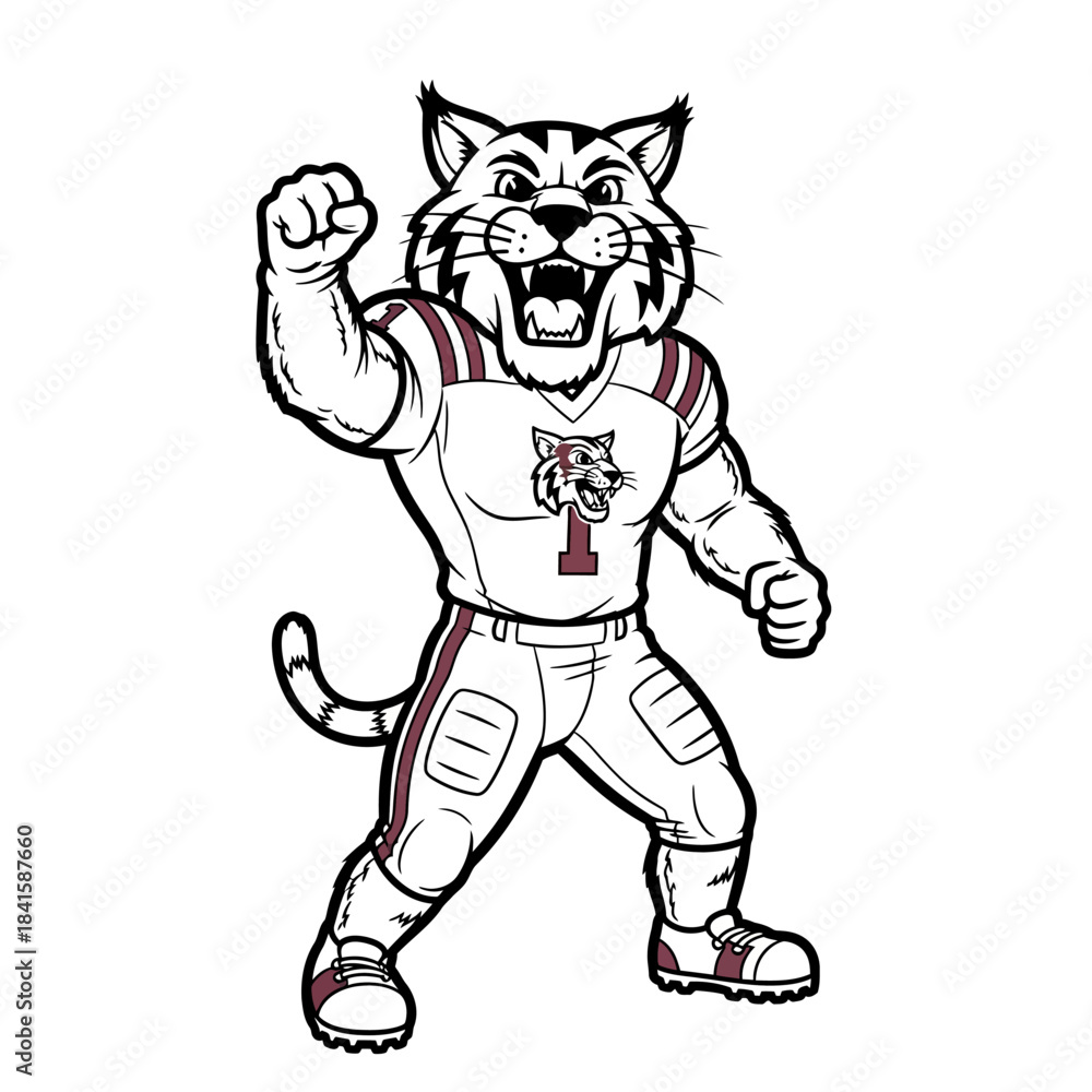 Fototapeta premium Wildcat mascot in football uniform flexing arm in celebration.