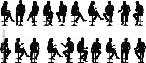 Silhouettes of people seated on stools in conversation, expressive body language poses, dialogue, communication, teamwork, discussion concepts for creative projects