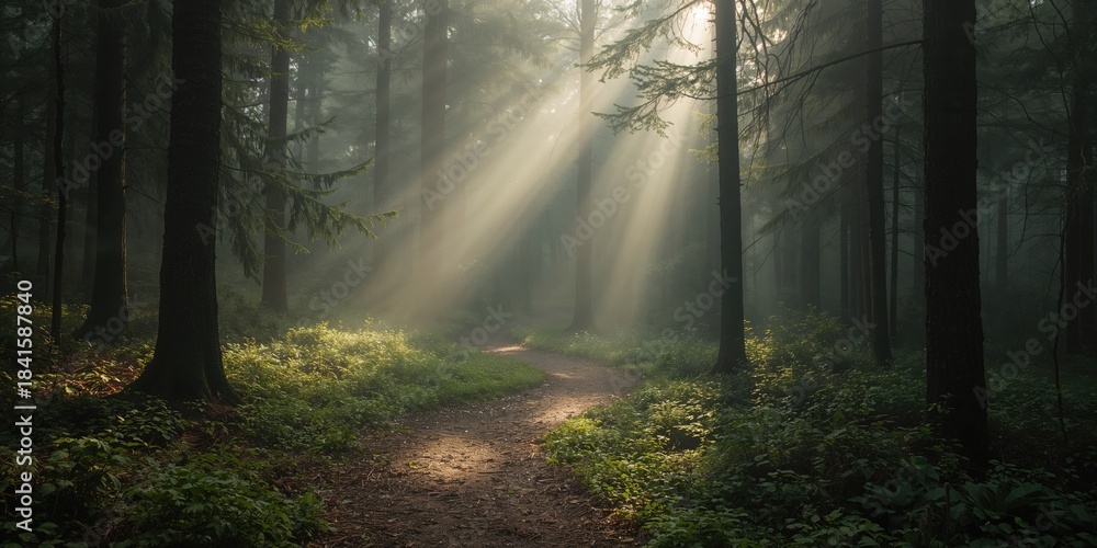 Fototapeta premium Misty morning in a dense forest, seasonal change and high humidity conditions