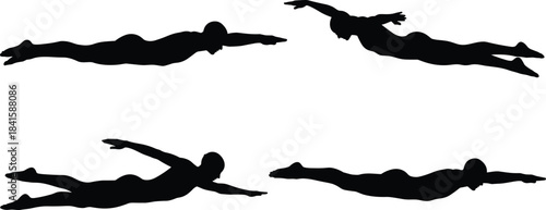 Black Silhouette Vector Set of Four Swimmers in Different Swimming Styles, Illustrating Sports, Fitness, Healthy Lifestyle, Exercise, Competition, and Movement Illustration