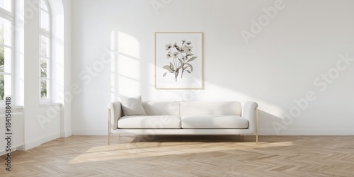 Minimalist Scandinavian decor with white furniture and natural light, serving as a clean background for interior design projects