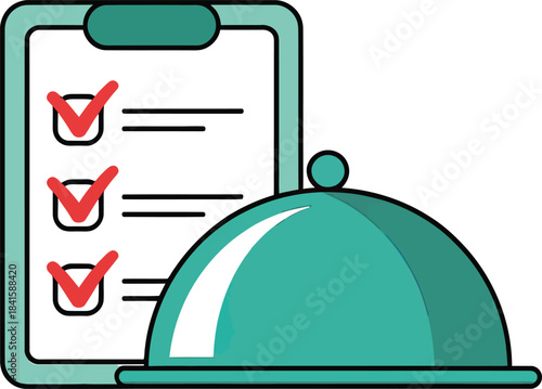 Vector illustration of clipboard checklist and food cloche representing restaurant service, task completion, and hospitality standards.