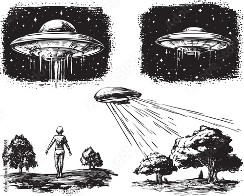 UFO Flying saucer kidnaps human person set collection line art sketch engraving vector illustration. Scratch board style imitation. Black and white hand drawn image.