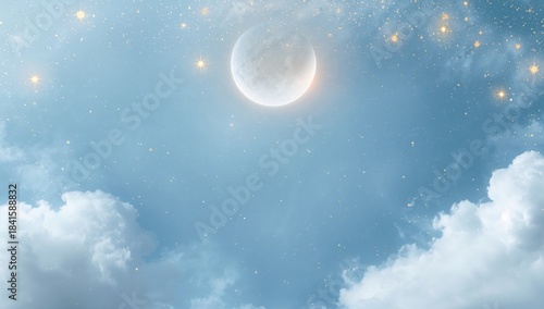 White clouds and golden stars surrounding a crescent moon on a blue backdrop, ideal for bedtime or sleep-related design