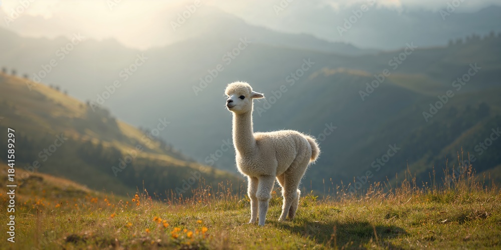 Naklejka premium Baby alpaca grazing in alpine meadow, fiber quality for textile production