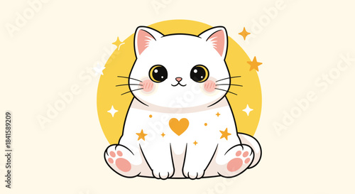 A cute and chubby white kitten with big eyes sits surrounded by yellow stars with a heart on its chest in a kawaii style.