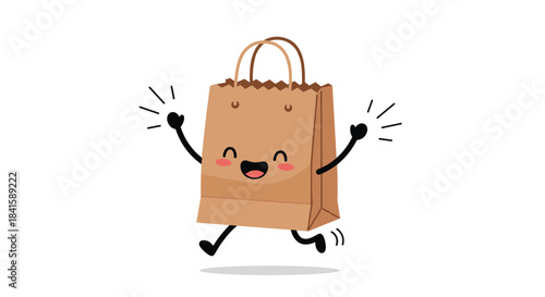 A joyful brown paper shopping bag character with a happy face running with excitement perfect for retail and sale concepts.