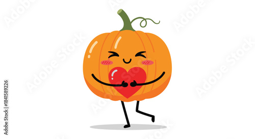 An adorable and sweet pumpkin character with blushing cheeks holding a red heart and standing on one leg in a shy pose.