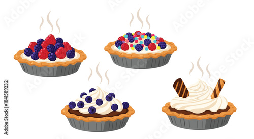 A delicious set of four steaming hot pies with various toppings like mixed berries blueberries and chocolate wafers for dessert.