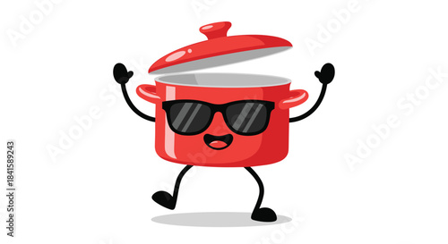A cool red cooking pot character with its lid open is wearing black sunglasses and dancing with a confident expression.