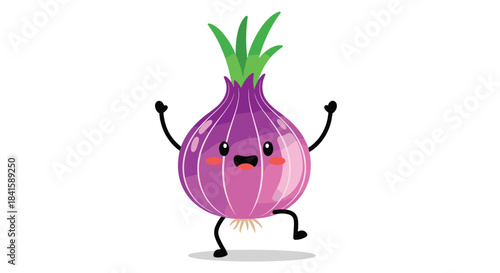 A happy and cute red onion character with a big smile and blushing cheeks is dancing enthusiastically on a white background.