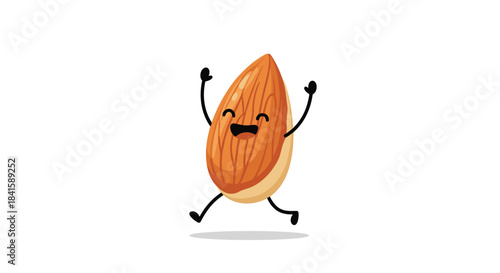 A joyful and energetic almond nut character with a happy laughing face is jumping and running with excitement on a white background.