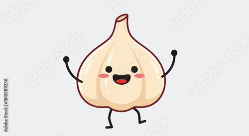 An adorable and cheerful garlic character with a happy smile and rosy cheeks is dancing on an isolated light gray background.