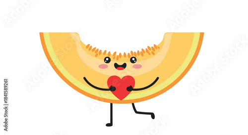 A cute and lovely slice of melon or cantaloupe character with a happy face holding a red heart and standing on one leg.