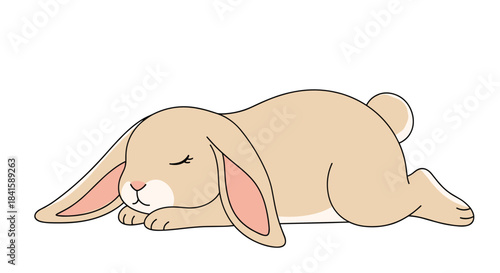 A cute and peaceful brown lop-eared bunny rabbit sleeping and dreaming on an isolated clean white background in a simple style.