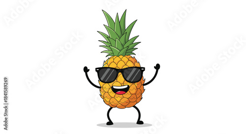 A cool pineapple fruit character wearing black sunglasses and smiling happily while dancing on an isolated white background.
