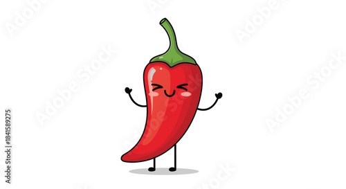 Adorable red chili pepper character with a cute smiling face and blushing cheeks stands happily with its arms raised in the air.