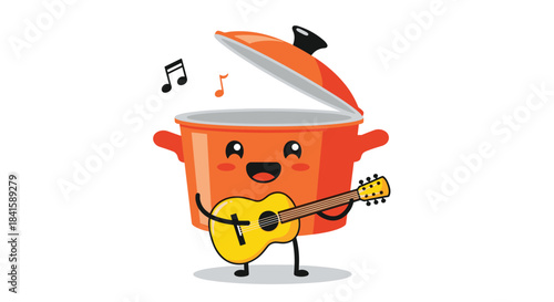 A cute orange cooking pot character with its lid open is happily playing a guitar and singing with musical notes floating around.