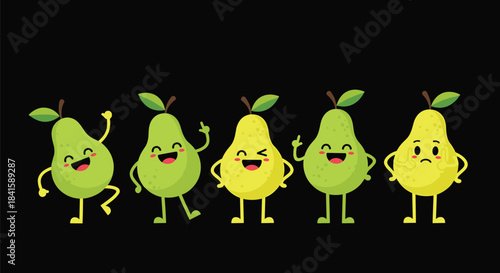 Set of five cute pear fruit characters showing various emotions from happy and winking to sad against a solid black background.