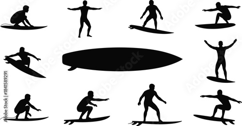 Black Silhouette Surfer Collection: Dynamic Surfing Poses and Surfboard Vector Set for Watersports and Beach Lifestyle Graphics, Featuring Man Riding Waves and Crouching 