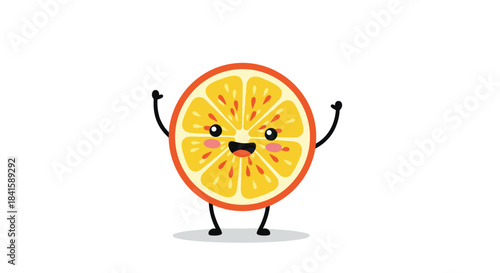 A very happy and cute slice of orange character with rosy cheeks is standing with its arms raised in joyful celebration.
