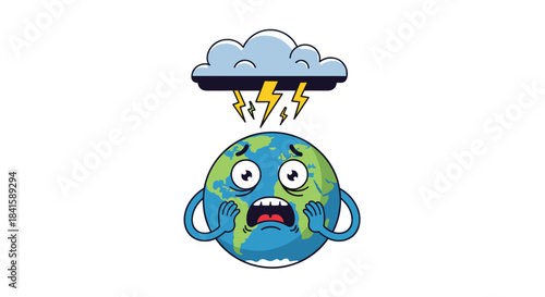 Terrified cartoon planet Earth character with a scared expression under a stormy cloud with lightning bolts symbolizing climate fear.