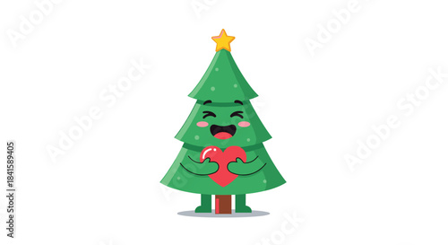 Adorable Christmas tree character with a star on top and a happy face hugging a large red heart showing holiday love and joy.