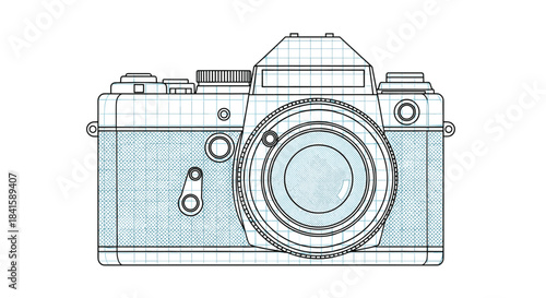 Detailed technical blueprint drawing of a vintage SLR film camera with grid lines and a halftone pattern on a clean background.