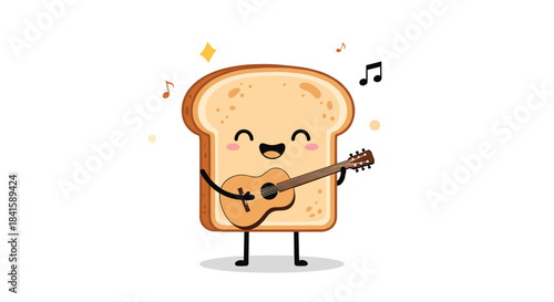 Cute slice of toast bread character happily playing a ukulele and singing with musical notes floating around on a white background.